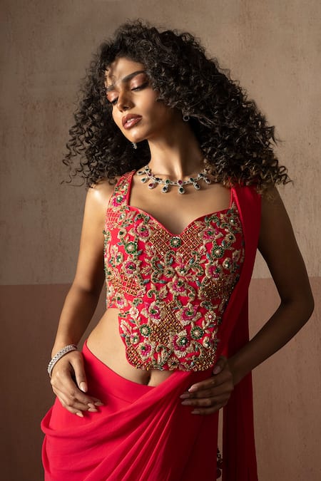 Shop_Quench A Thirst_Fuchsia Georgette Embroidery, Sequins, Corset Blouse And Pre-draped Saree Set _Online_at_Aza_Fashions