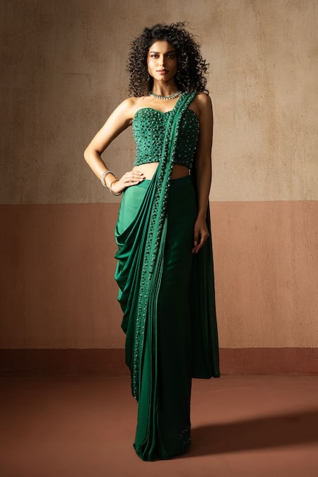 Quench A Thirst_Emerald Green Satin Stones, Pre-draped Saree And Embroidered Corset Blouse Set _Online_at_Aza_Fashions