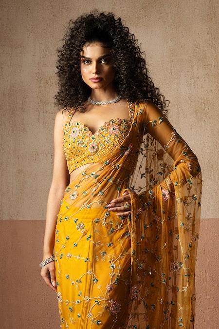 Quench A Thirst_Mustard Net, Satin Embroidery, Sequins, Pearls, Pre-draped Saree And Blouse Set _Online_at_Aza_Fashions
