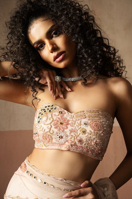 Shop_Quench A Thirst_Pink Net, Satin Embroidery, Mirrors, Baby Pre-draped Saree And Blouse Set _Online_at_Aza_Fashions