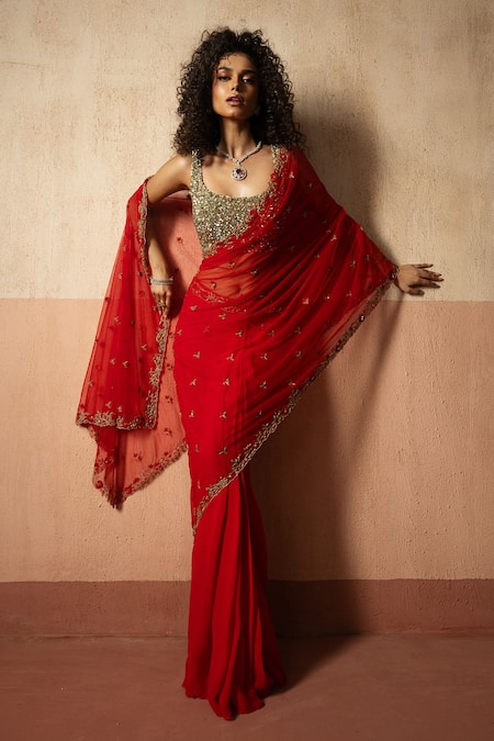 Shop_Quench A Thirst_Red Net, Georgette Sequins, Embroidery Scoop Neck Pre-draped Saree With Blouse _Online_at_Aza_Fashions