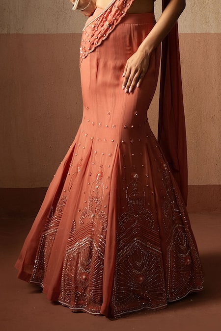 Quench A Thirst_Peach Georgette Embroidery, Beads, Fishtail Pre-draped Saree And Blouse Set _Online_at_Aza_Fashions