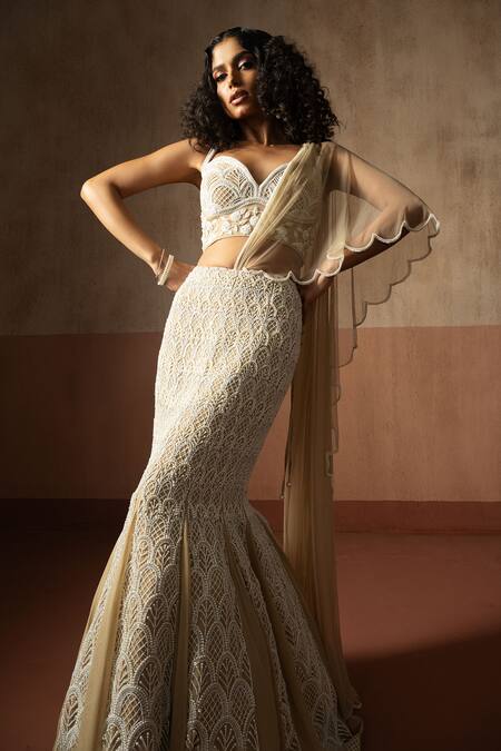 Quench A Thirst_Beige Net, Georgette Embroidery, Fishtail Pre-draped Saree And Blouse Set _Online_at_Aza_Fashions