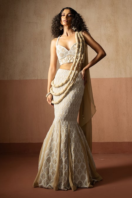 Quench A Thirst Embellished Georgette Fishtail Saree & Blouse Set 