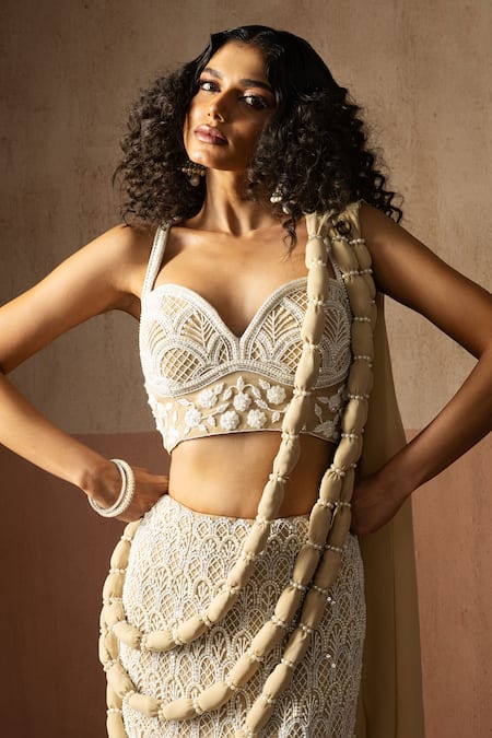 Shop_Quench A Thirst_Beige Georgette, Net Embroidery, Embellished Fishtail Saree And Blouse Set _Online_at_Aza_Fashions