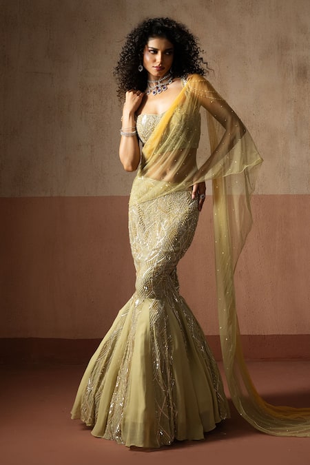 Quench A Thirst_Green Net, Georgette Sequins, Embellished Fishtail Pre-draped Saree And Blouse Set _Online_at_Aza_Fashions