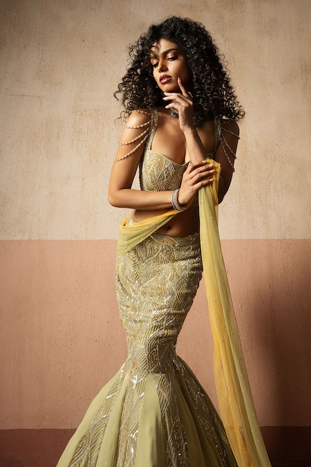 Buy_Quench A Thirst_Green Net, Georgette Sequins, Embellished Fishtail Pre-draped Saree And Blouse Set _Online_at_Aza_Fashions