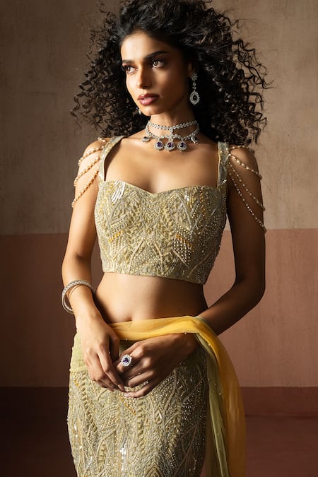 Shop_Quench A Thirst_Green Net, Georgette Sequins, Embellished Fishtail Pre-draped Saree And Blouse Set _Online_at_Aza_Fashions