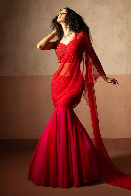 Quench A Thirst_Red Net, Georgette Sequins, Fishtail Pre-draped Saree And Embellished Blouse Set _Online_at_Aza_Fashions