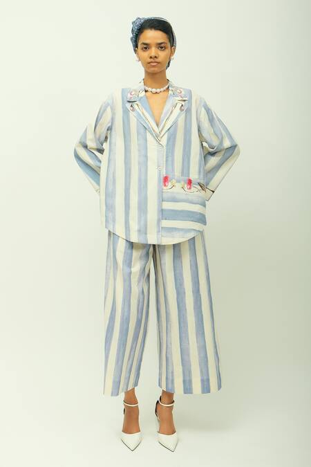 Buy_OFRIDA_Sky Blue Poplin Embroidery Collared Bloomist Striped Shirt With Floral Motifs _Online_at_Aza_Fashions