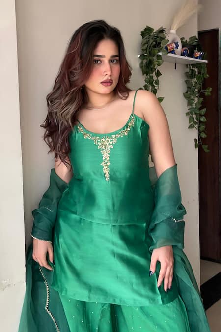 Buy_Label Flamingo By Vrinda_Green Chanderi, Organza Mirrors, Gota Patti Mukaish Embroidered Gharara Set 