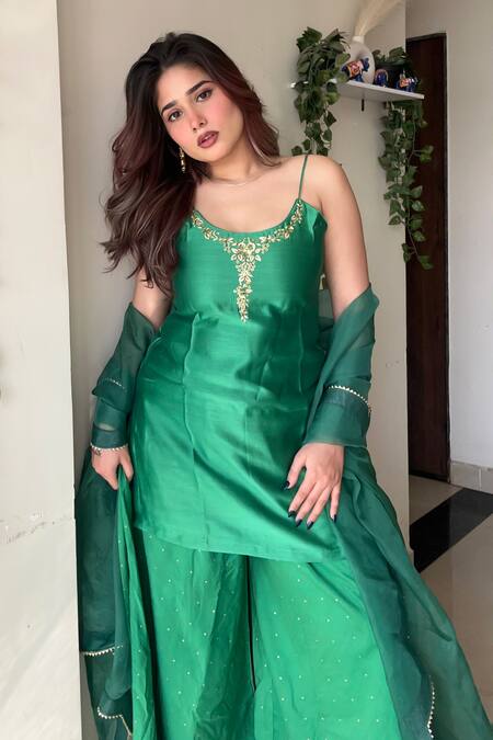 Shop_Label Flamingo By Vrinda_Green Chanderi, Organza Mirrors, Gota Patti Mukaish Embroidered Gharara Set 