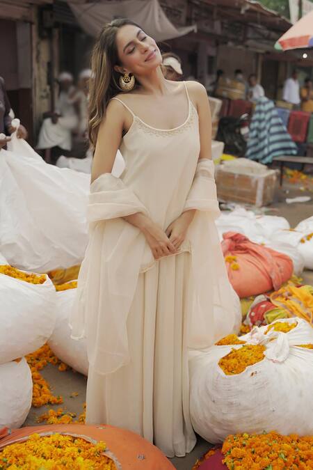 Label Flamingo By Vrinda Ivory Georgette, Organza Embroidery, Sequins Round Neck Floral Hand Gharara Set 