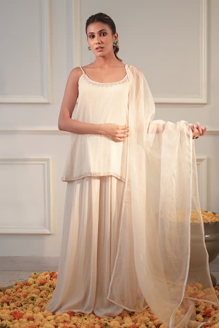 Label Flamingo By Vrinda_Ivory Georgette, Organza Embroidery, Sequins Round Neck Floral Hand Gharara Set _at_Aza_Fashions