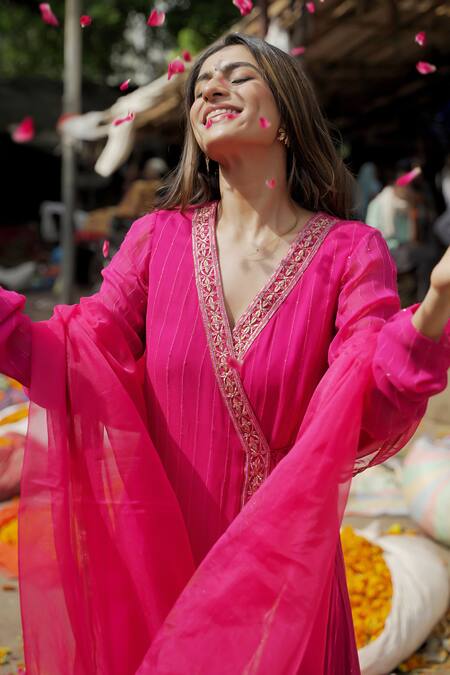 Shop Label Flamingo By Vrinda Pink Georgette, Chanderi, Organza Embroidery, Sequins Floral Hand Angarkha Set Online at Aza Fashions Shop_Label Flamingo By Vrinda_Pink Georgette, Chanderi, Organza Embroidery, Sequins Floral Hand Angarkha Set _Online_at_Aza_Fashions