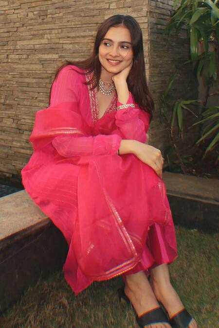 Label Flamingo By Vrinda Pink Georgette, Chanderi, Organza Embroidery, Sequins Floral Hand Angarkha Set at Aza Fashions Label Flamingo By Vrinda_Pink Georgette, Chanderi, Organza Embroidery, Sequins Floral Hand Angarkha Set _at_Aza_Fashions