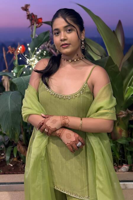 Shop_Label Flamingo By Vrinda_Green Georgette, Organza Embroidery, Sequins, Floral Hand Kurta Gharara Set _Online_at_Aza_Fashions