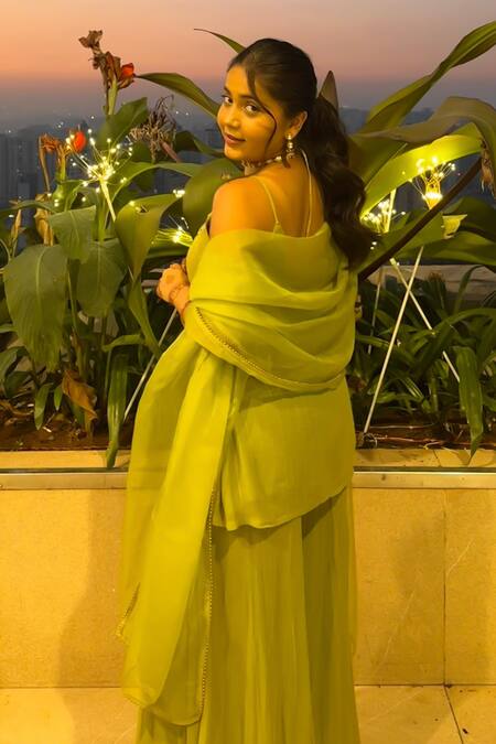 Label Flamingo By Vrinda_Green Georgette, Organza Embroidery, Sequins, Floral Hand Kurta Gharara Set _at_Aza_Fashions