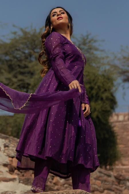 Shop Label Flamingo By Vrinda Purple Chanderi, Organza Metallic Thread, Mukaish Anarkali Angrakha Set Shop_Label Flamingo By Vrinda_Purple Chanderi, Organza Metallic Thread, Mukaish Anarkali Angrakha Set