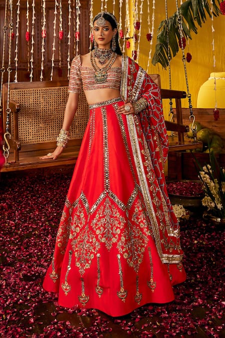 The Royaleum Red Silk Embroidery, Zari, Sequins Square Neck Lalima Blouse Lehenga And Dupatta 