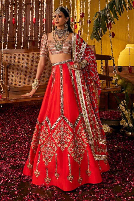 Shop_The Royaleum_Red Silk Embroidery, Zari, Sequins Square Neck Lalima Lehenga Set _Online_at_Aza_Fashions