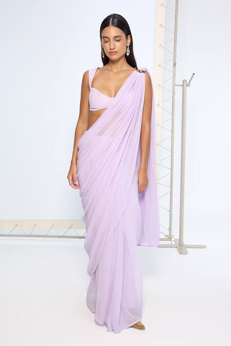 Ekaya Banaras Purple Chiffon Lilac Movable Brooch Saree With Running Blouse Online at Aza Fashions Ekaya Banaras_Purple Chiffon Lilac Movable Brooch Saree With Running Blouse _Online_at_Aza_Fashions
