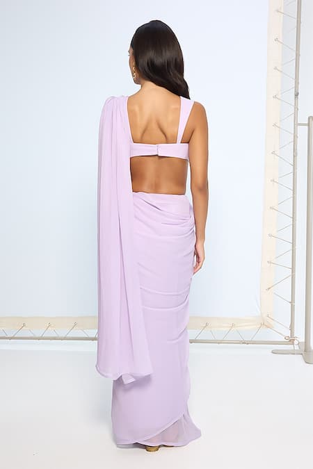Shop Ekaya Banaras Purple Chiffon Lilac Movable Brooch Saree With Running Blouse at Aza Fashions Shop_Ekaya Banaras_Purple Chiffon Lilac Movable Brooch Saree With Running Blouse _at_Aza_Fashions