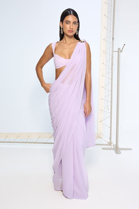 Ekaya Banaras Purple Chiffon Lilac Movable Brooch Saree With Running Blouse 