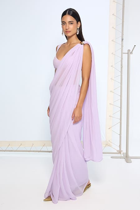 Shop Ekaya Banaras Purple Chiffon Lilac Movable Brooch Saree With Running Blouse Online at Aza Fashions Shop_Ekaya Banaras_Purple Chiffon Lilac Movable Brooch Saree With Running Blouse _Online_at_Aza_Fashions