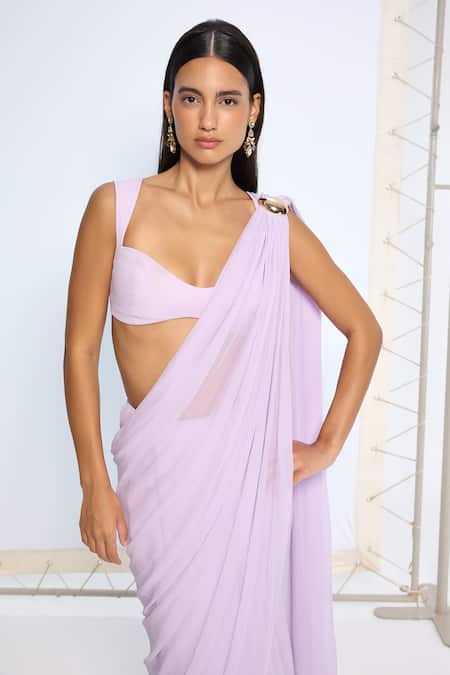 Ekaya Banaras Purple Chiffon Lilac Movable Brooch Saree With Running Blouse at Aza Fashions Ekaya Banaras_Purple Chiffon Lilac Movable Brooch Saree With Running Blouse _at_Aza_Fashions