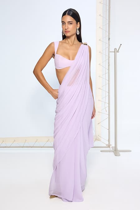 Ekaya Banaras Purple Chiffon Lilac Brooch Saree With Running Blouse Piece 