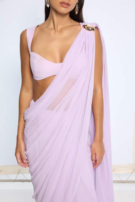 Shop_Ekaya Banaras_Purple Chiffon Lilac Brooch Saree With Running Blouse Piece _Online_at_Aza_Fashions