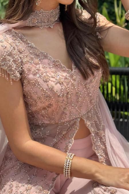 Richa Jaisinghani Label Rose Gold Georgette Beads, Embroidery V-neck Dusk Kurta Sharara Set Online at Aza Fashions Richa Jaisinghani Label_Rose Gold Georgette Beads, Embroidery V-neck Dusk Kurta Sharara Set _Online_at_Aza_Fashions