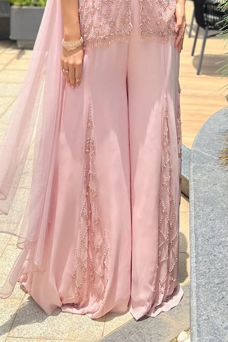 Shop Richa Jaisinghani Label Rose Gold Georgette Beads, Embroidery V-neck Dusk Kurta Sharara Set Online at Aza Fashions Shop_Richa Jaisinghani Label_Rose Gold Georgette Beads, Embroidery V-neck Dusk Kurta Sharara Set _Online_at_Aza_Fashions