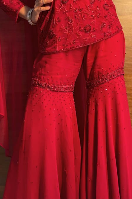 Richa Jaisinghani Label_Red Georgette Embroidery, Beads, Sequins Round Royal Scarlett Kurta Sharara Set _Online_at_Aza_Fashions