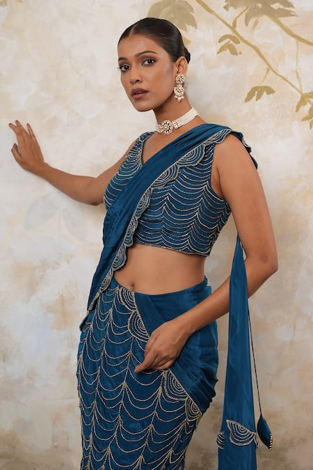 Libas Cafe by Nidhi & Ashish_Blue Crepe Embroidery V-neck Fishcut Lehenga Saree With Blouse _Online_at_Aza_Fashions