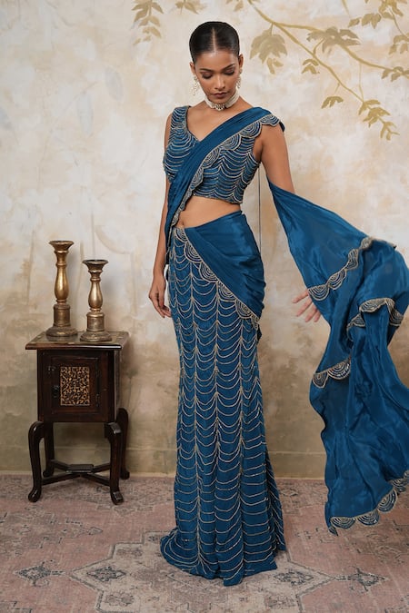 Buy_Libas Cafe by Nidhi & Ashish_Blue Crepe Embroidery V-neck Fishcut Lehenga Saree With Blouse _Online_at_Aza_Fashions