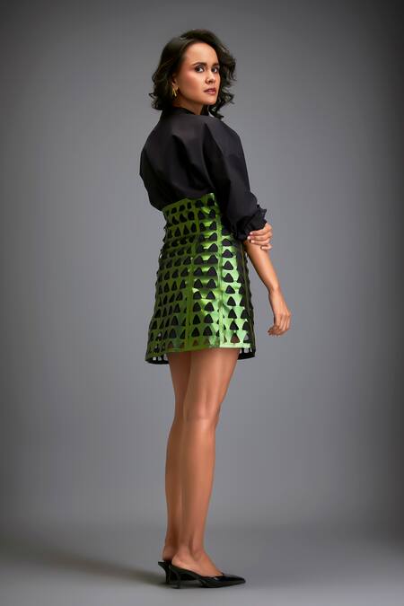 Shop_Deepika Arora_Black Cotton Cut Work Mandarin Collar Shirt And Metallic Skirt Set_at_Aza_Fashions