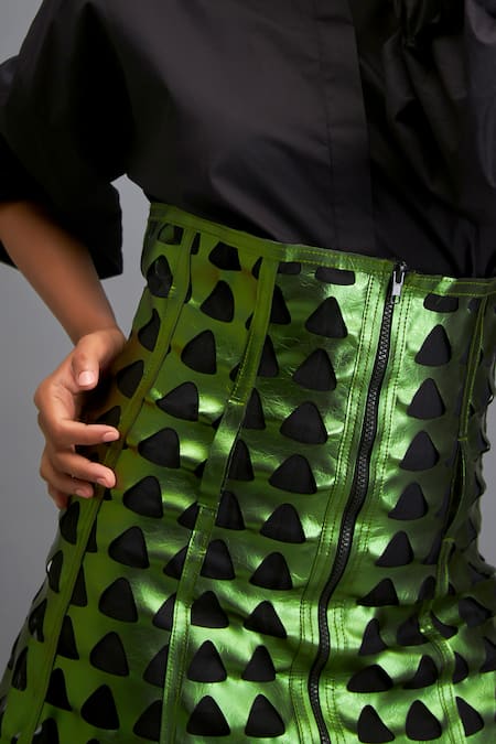 Shop_Deepika Arora_Black Cotton Cut Work Mandarin Collar Shirt And Metallic Skirt Set_Online_at_Aza_Fashions