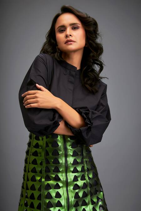 Deepika Arora_Black Cotton Cut Work Mandarin Collar Shirt And Metallic Skirt Set_at_Aza_Fashions