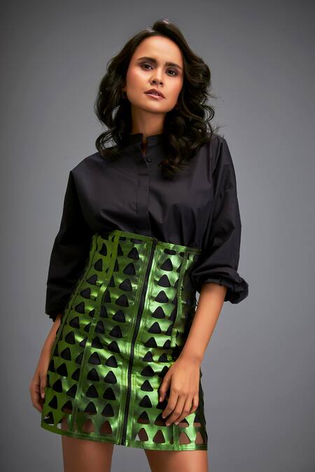 Buy_Deepika Arora_Black Cotton Cut Work Mandarin Collar Shirt And Metallic Skirt Set