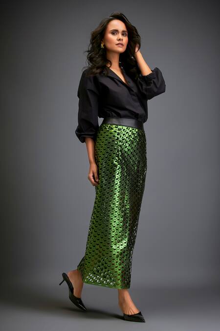 Shop_Deepika Arora_Black 100% Cotton Cutwork Round Skirt_Online_at_Aza_Fashions