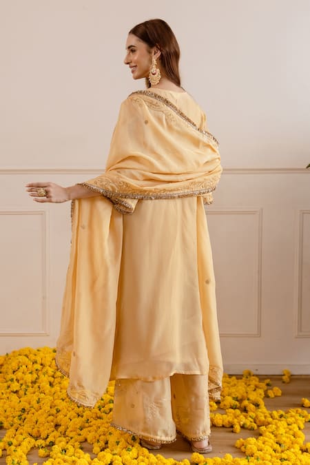 Shop ASRUMO Beige Organza, Viscose Zari, Embroidery, Lace Keyhole Neck And Taari Kurta Set at Aza Fashions Shop_ASRUMO_Beige Organza, Viscose Zari, Embroidery, Lace Keyhole Neck And Taari Kurta Set _at_Aza_Fashions