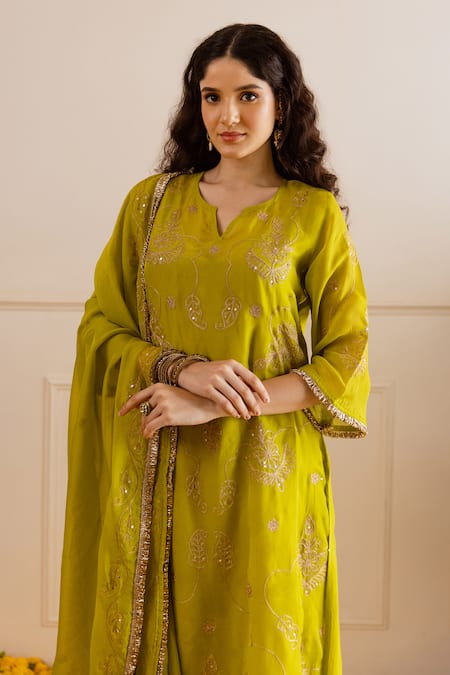 ASRUMO_Lime Viscose, Organza, Cotton Zari, Embroidery, Sequins, Lace Keyhole Kurta Set _Online_at_Aza_Fashions