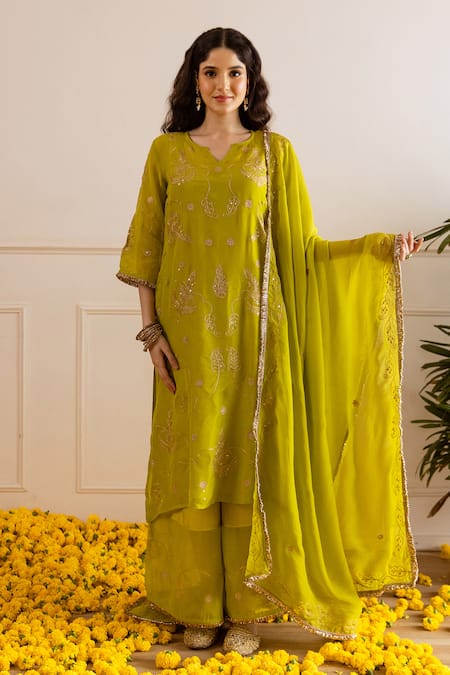 Buy_ASRUMO_Lime Viscose, Organza, Cotton Zari, Embroidery, Sequins, Lace Keyhole Kurta Set _Online_at_Aza_Fashions