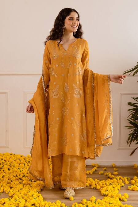 Buy_ASRUMO_Mustard Organza, Viscose Zari, Embroidery, Sequins, Lace And Taari Kurta Set _Online_at_Aza_Fashions