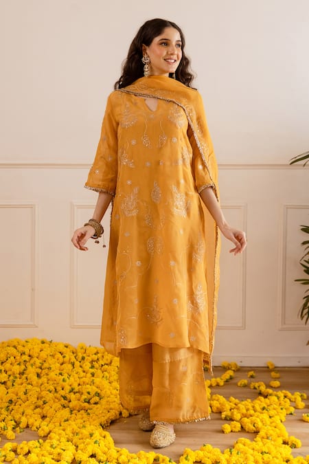 Shop_ASRUMO_Mustard Organza, Viscose Zari, Embroidery, Sequins, Lace And Taari Kurta Set _Online_at_Aza_Fashions