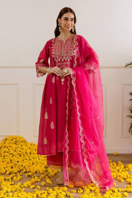 Shop_ASRUMO_Magenta Chanderi, Organza Embroidery, Zari, Cut Work Kurta Set With Dupatta _Online_at_Aza_Fashions