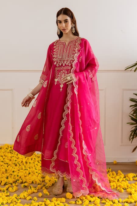 ASRUMO_Magenta Chanderi, Organza Embroidery, Zari, Cut Work Kurta Set With Dupatta _at_Aza_Fashions