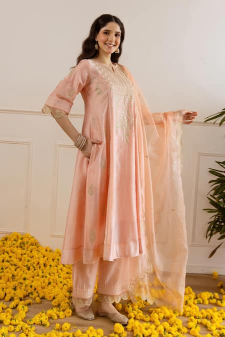 ASRUMO_Peach Chanderi, Organza Embroidery, Zari, Cut Work Split V-neck Kurta Set _Online_at_Aza_Fashions